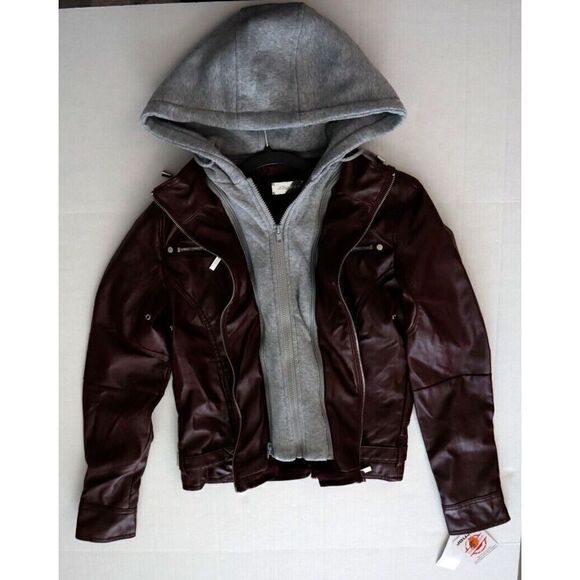 Jou Jou 103-1192ME Juniors Sz S Walnut Brown Faux-Leather Hooded Moto Jacket - Picture 4 of 9